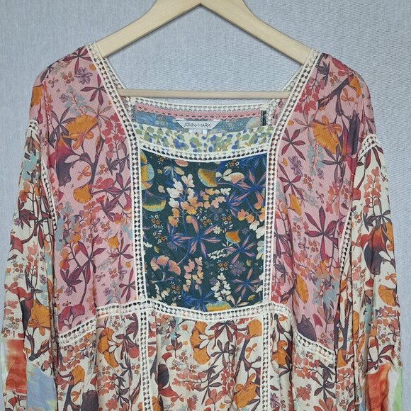 💙 John Marks Oversized Soft Patchwork Print Flowy Top Size L/XL Boho Cottage Co - Picture 2 of 8
